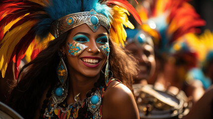Fototapeta na wymiar beautiful young Brazilian girl at a carnival in Brazil, fancy dress, outfit, masquerade, feathers, rhinestones, woman, makeup, portrait, smiling face, joy, happiness, dancing, sparkles, sequins