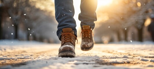 Winter holiday background - Closeup of man with jeans and boots walking in snow, snowscape snowy...