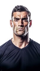 A male athlete soccer player intensely looking into the camera generative ai