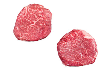 Raw steaks fillet Mignon on a butcher cleaver. Beef tenderloin.  Transparent background. Isolated.