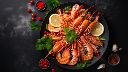 A view of a seafood dish that is exotic and delicious with a top view.