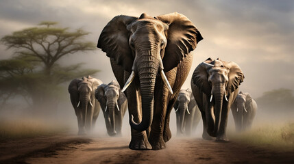 award winning shot, portait of a group of adult african elephants walking towards the camera. Majestic portrait of African elephants, front view. Portrait of wildlife in the wilderness of Africa. Envi - obrazy, fototapety, plakaty