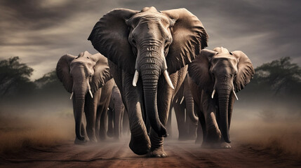 Fototapeta na wymiar award winning shot, portait of a group of adult african elephants walking towards the camera. Majestic portrait of African elephants, front view. Portrait of wildlife in the wilderness of Africa. Envi