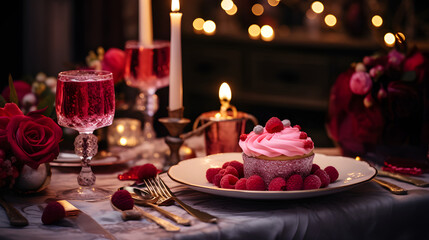 small pink frosted cake topped with raspberries sits on a plate, surrounded by more raspberries, a glass of sparkling drink, candles, and roses