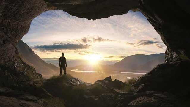 Adventurous Man Standing in cave on top of Mountain. Extreme Adventure Composite. 3d Rendering Peak. Background Aerial Image from BC, Canada