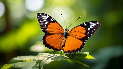 A horizontal image of a butterfly with orange markings on a twig