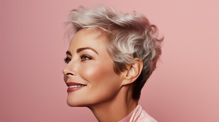 close up of a beautiful 60 year spanish woman, short hair away from the face mature aging model