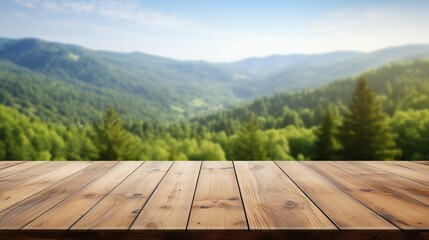 Empty wood table with forest in background, photo-realistic for display