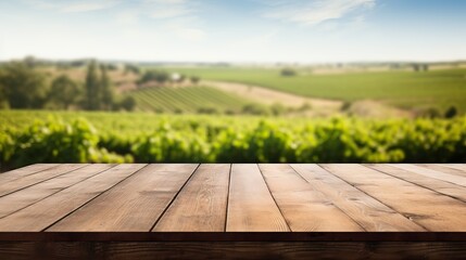 Empty wood table with vineyard in background for display