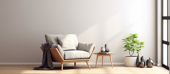 The stylish composition of living room interior with copy space, beige sofa with pillow, coffee table and personal accessories. - obrazy, fototapety, plakaty