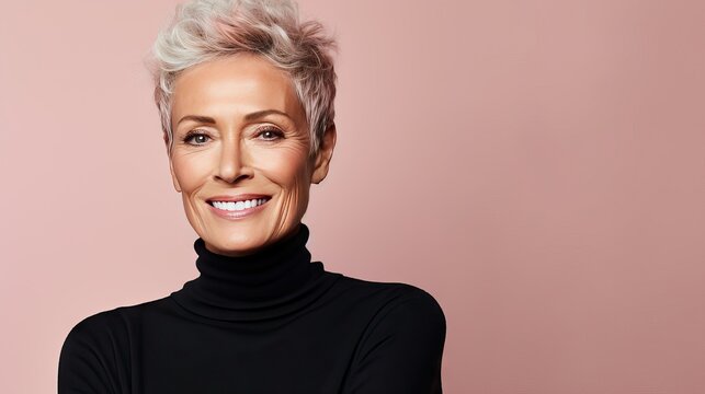 close up photograph of a beautiful mature 70 year spanish woman, short hair away from the face,  model, pink background, copy space