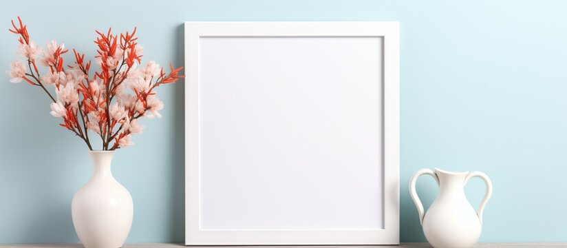 Empty wooden picture frame mockup hanging on pastel wall background.