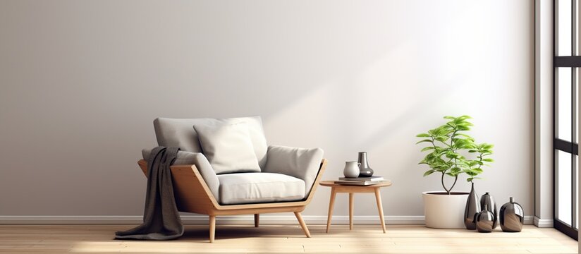 Fototapeta The stylish composition of living room interior with copy space, beige sofa with pillow, coffee table and personal accessories.