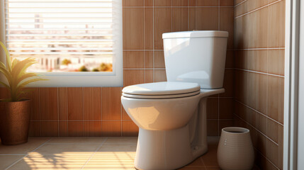 Fototapeta na wymiar Beige wc bathroom with a white toilet and a green plant, with a window letting in natural light.