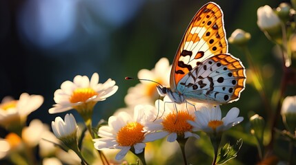 The green grass fields are home to the white and pink flowers where the yellow and orange butterfly is perched.