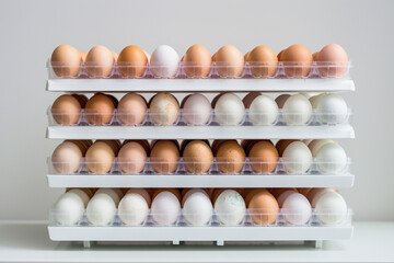 fresh eggs stacked in trays  on a white isolated background 