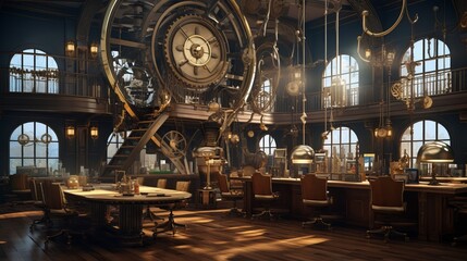 Steampunk Themed Library with Vintage Furniture and Large Clock