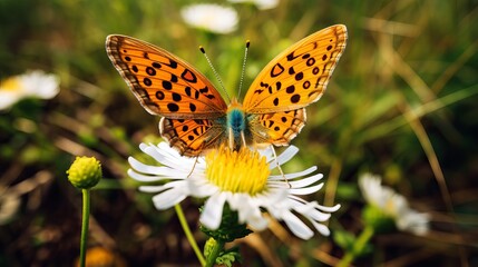 Obraz premium The green grass fields are home to the white and pink flowers where the yellow and orange butterfly is perched.