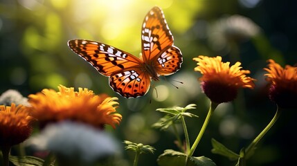 The green grass fields are home to the white and pink flowers where the yellow and orange butterfly is perched.