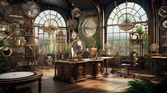 Vintage Steampunk Office Interior with Antique Clocks and Machinery