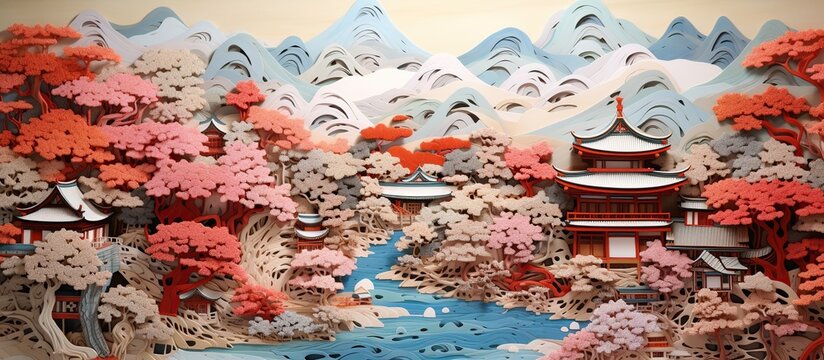 Beautiful landscape of japanese village with paper art.
