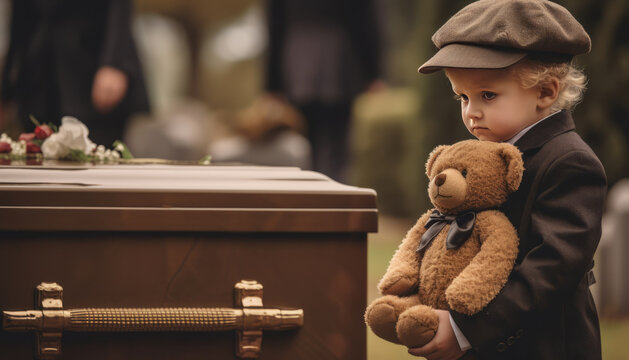 Young child's poignant grief at a funeral, clutching a teddy bear.