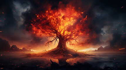Dramatic Landscape with a Burning Tree Against Dark Clouds, Symbolizing Nature's Fury
