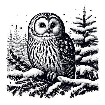 owl sitting on a snowy tree vector winter sketch