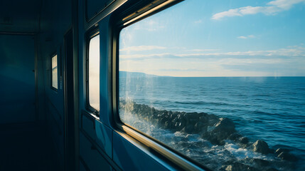 View from inside of train. Window outlooking the sea. Cinematographic effect.