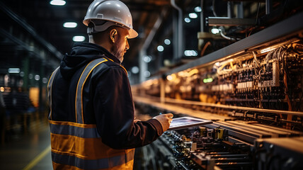 Factory worker in action: Industry and engineering - obrazy, fototapety, plakaty