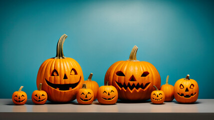 Halloween pumpkins over blue minimalistic studio background with copy space