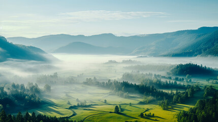 Peaceful landscape of foggy sunny green mountain valleys in early morning in spring
