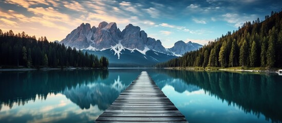 Empty Wooden pier Morning landscape of autumn picturesque mountain lake in Dolomites. - obrazy, fototapety, plakaty