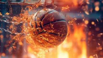 A close-up shot of a basketball hoop with a basketball just about to go through the net