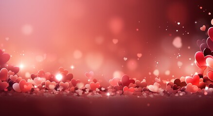 Fototapeta na wymiar pink hearts glistening in the red ground,