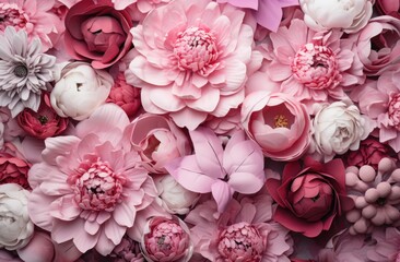 pink peony background with white and pink flowers, romantic influences, - obrazy, fototapety, plakaty