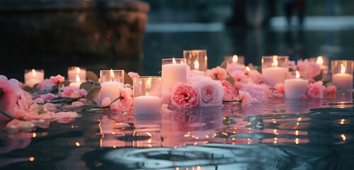 pink rose candles sitting by a pond,