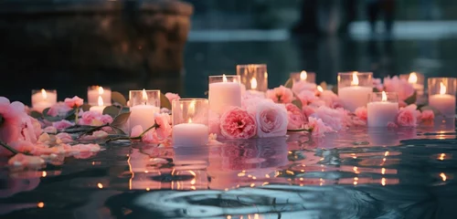 Poster pink rose candles sitting by a pond, © olegganko