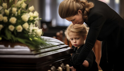 Young child mourns with mother, grief and solace intertwined