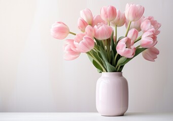 pink tulips close up on an indoor white table,