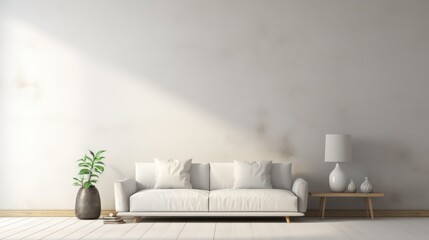 Fototapeta na wymiar living room modern interior, industrial style, big blank wall mockup, couch, chair, plants with beautiful shadows, Generative AI.