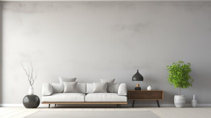 living room modern interior, industrial style, big blank wall mockup, couch, chair, plants with beautiful shadows, Generative AI.