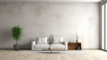 living room modern interior, industrial style, big blank wall mockup, couch, chair, plants with beautiful shadows, Generative AI.