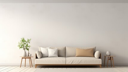 Fototapeta na wymiar living room modern interior, industrial style, big blank wall mockup, couch, chair, plants with beautiful shadows, Generative AI.