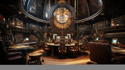 Steampunk Themed Library with Antique Furniture and Large Clock - Powered by Adobe