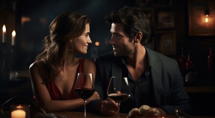 relationship man wine woman in wine tasting romantic table scene with food,