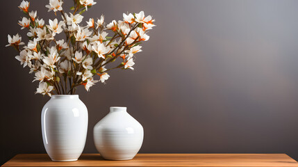 Contemporary Living Room Design: Wooden Mock-up Frame, Stylish Shelf, Books, Flowers in White Vase, and Elegant Accents