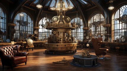 Steampunk Themed Interior with Large Clockwork Machine and Leather Furniture