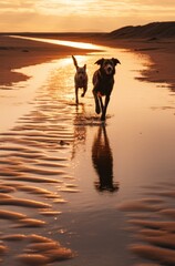 silhouettes of dogs running on sandy beaches dog