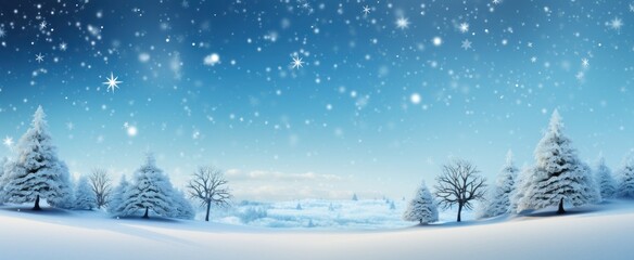 snow background with trees for christmas on a clear blue sky with snow,